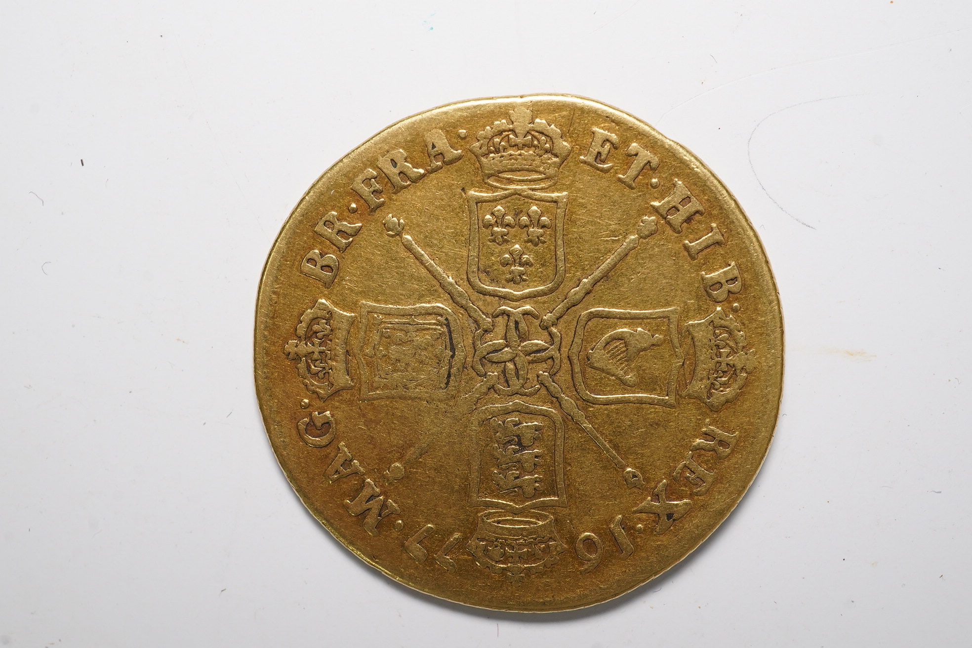 British gold coins, Charles II gold two guineas, 1677, S.3335, edge nicks and wear otherwise fine